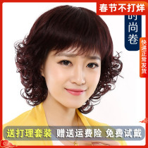 Wig female short hair short curly hair fashion mother short hair middle-aged and old round face hairstyle long curly hair oblique bangs realistic