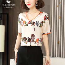 Heavy weight silk short sleeve T-shirt female 2021 summer dress new large size women fashion printed mulberry silk mother top