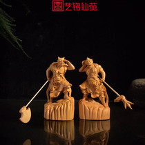Cliff cypress boxwood carving clairvoyant downwind ear general Mazu left and right guardian god statue solid wood handicraft ornaments