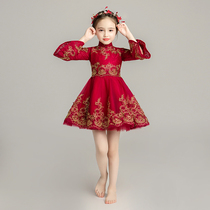 Girl princess dress flower girl wedding puffy gauze childrens evening dress little girl red long sleeve piano performance Winter