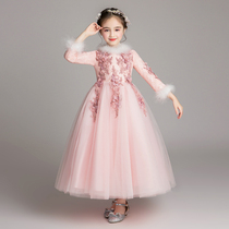 Girls thickened plus velvet princess dress wedding dress flower girl puffy gauze childrens small host performance evening dress winter