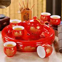 Wedding tea set set home living room Chinese wedding set ceramic big red kung fu tea cup teapot tea tray
