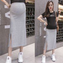 Pregnant womens knitted skirt spring and summer mid-long tide mom fashion side fork skirt skirt skirt tide cotton professional OL