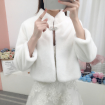 Bride wedding dress woolen shawl winter 2021 new cheongsam dress stand collar small rabbit velvet warm long sleeve coat White