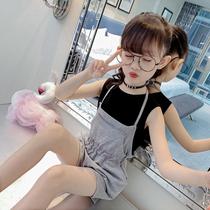 Korean Girls Set Summer 2021 New Mid-sized Childrens Short Sleeve T-shirt Bib Pants Western Fashion Fashion Two-Piece Set