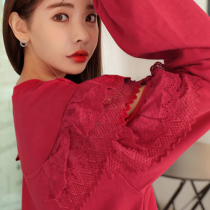 Ruffle lace stitching sweater female 2021 new spring loose long sleeve red top Korean round neck sleeve