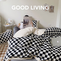 Nordic Net red checkerboard four-piece black and white plaid sheets thickened bedding winter quilt cover 1 8m double-sided