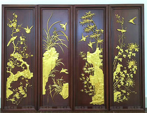 Dongyang wood carving relief wall hanging four screen pendant plum orchid bamboo chrysanthemum Chinese background wall antique solid wood carving process