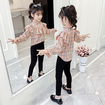 Girls spring and autumn plaid shirt French top Korean long-sleeved cotton foreign style female childrens shirt Fashionable children