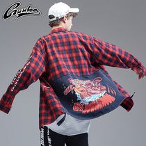 Guuka Tide Plaid Shirt Men Long Sleeve Youth Japanese Splice Hip Cotton Shirt Jacket