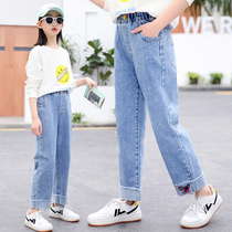 Girls jeans 2021 new spring Korean edition childrens trousers loose pants big childrens Western style straight pants