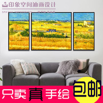 Van Gogh harvest famous painting pure hand painted oil painting minimalist European style living room decoration painting restaurant hanging painting background wall triptych