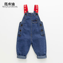 Children with pants spring and autumn male and female baby soft denim one-piece trousers 1 cotton foreign baby pants can be opened 3