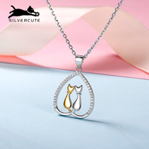 Cute Silver 925 Silver Loving Cat Necklace Girl Sharins Jane Temperament Heart-shaped Pendant Collarbone Chain Send Girlfriend Gift
