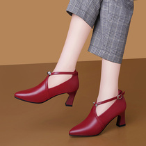 Taiwan Red Dragonfly Enterprise Co. Ltd RD leather shen kou shoes female yi zi kou tip chunky-heel mother shoes