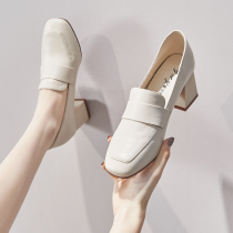 Europe station coarse heels 2022 spring new square head heels high heels 100 lap Inn wind One foot pedal small leather shoes