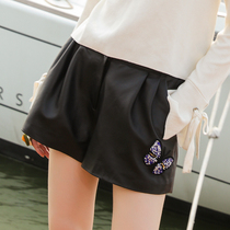 MEET classic casual versatile slim high waist autumn and winter shorts imported sheep leather wide leg pants women