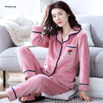 Flannel pajamas womens autumn and winter long-sleeved coral velvet spring and autumn thin flannel home clothes Autumn thin velvet suit