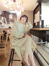 BORAKOO Korea Dongdaemun Autumn dirty apricot gray turtleneck loose sweater Knitted skirt up and down suit