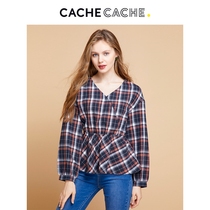 CacheCache plaid shirt female v collar retro port flavor design sense niche pullover shirt tide