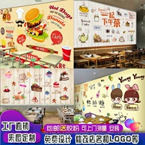 Hand Painted Sweet Cold Drink Shop Wall Stickup Fruit Milk Tea Shop Wallpaper Snack Next Afternoon Tea Coffee Egg Pastry Fried Chicken Stickers