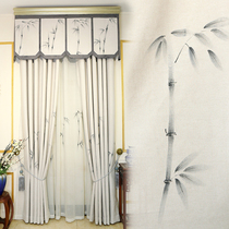 Bamboo shadow ink painting hand-painted new Chinese curtain living room bedroom Chinese style high-grade cotton linen full shading curtain curtain fabric