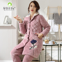 Pajamas womens winter thickened cotton jacket plus fleece mid-length cotton jacket style set fashion three-layer warm womens loungewear