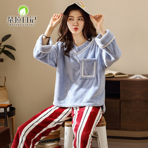 Pajamas womens winter coral velvet Korean version sweet casual student autumn winter v-neck long sleeves home wear set thickened plus fleece