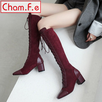 Burgundy high barrel Martin boots autumn and winter fur square head boots elastic thick heel high heel Knight womens boots 389N