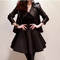 Hong Kong counter autumn and winter high waist V collar dress slim A base skirt size black puffy vest skirt set