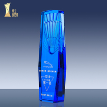 Badminton trophy custom high-grade glass trophy sports games crystal trophy custom blue