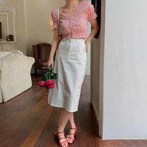 SYT classic without loss of elegance The elegant retro high waist elastic denim semi-body dress Korean version of pure color hem with a fork skirt child