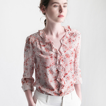 Quiet skin white printing pink v-neck mulberry silk silk shirt womens top long-sleeved shirt spring and autumn 2021 new