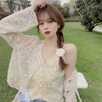 Korean version of foreign-aged French chic cardigan white lace top female 2021 summer chiffon sunscreen shirt