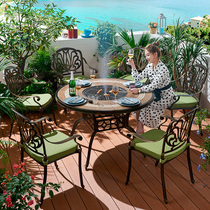 Jingou outdoor courtyard terrace Household cast aluminum charcoal barbecue table Outdoor stall Commercial electric barbecue grill dining table and chair