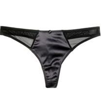 Black low waist silky elastic satin stitching mesh cotton thong bag buckle decoration sexy high fork t pants