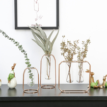 Nordic metal test tube glass vase simulation flower hydroponic green plant ornaments living room table rose bouquet decorations