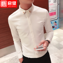 Net red same shirt male spring and autumn spirit guy on clothes casual versatile mens white shirt Korean version of self-cultivation