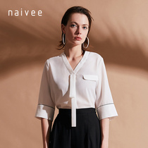 Mall with the same Navi 2020 spring workplace V-neck stroke mid-sleeve streamer temperament white Chiffon shirt
