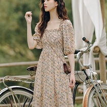 Broken Flowers Snowspun Cotton Spinning Dress Pop Woman 2021 Summer New Womens Dress Temperament High Waist Display Slim Square Collar Middle Long Skirt