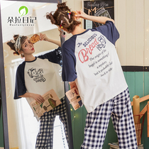 Pure Cotton Pyjamas Woman Summer Short Sleeve Long Pants Students Ins Korean version Spring and autumn frescoed home Suits Summer Two Suits