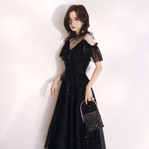 Black suspender evening dress gas field queen socialite noble host medium-long dress skirt banquet sexy thin