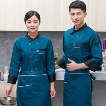 Chef overalls long sleeve mens autumn and winter dining kitchen hotel plus size diagonal collar blue overalls set