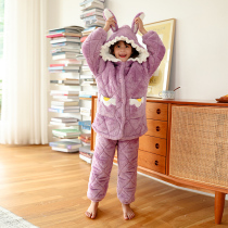 Girls Coral Velvet Three-Layer Cotton Pajamas Autumn and Winter Thickened Children Flannel Home Clothes Set Girls Long