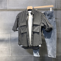 Black and white small plaid short sleeve shirt men's tide summer port wind ins Korean version of loose thin large size cotton shirt