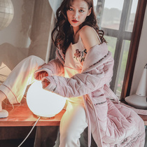 Pajamas womens autumn and winter three layers of thick cotton cotton dressing gown long plus velvet warm loose size home clothing bathrobe