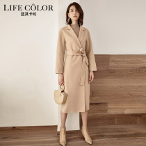 Hepburn hair woolen coat womens 2020 new knee long thin belt lapel solid color double wool coat