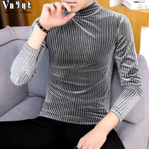 Mens Tide Brand Gold Velvet T-shirt Men 2020 Spring Stripe Long Sleeve base shirt Semi-high Neck Personality ins Autumn Clothes