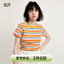 SLY 2022 summer new hit color striped elastic round collar short sleeve T-shirt woman 030FSY80-6360