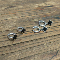 S925 sterling silver old vintage black drop oil clover earrings earring ear buckle can also be used as ear bone buckle female